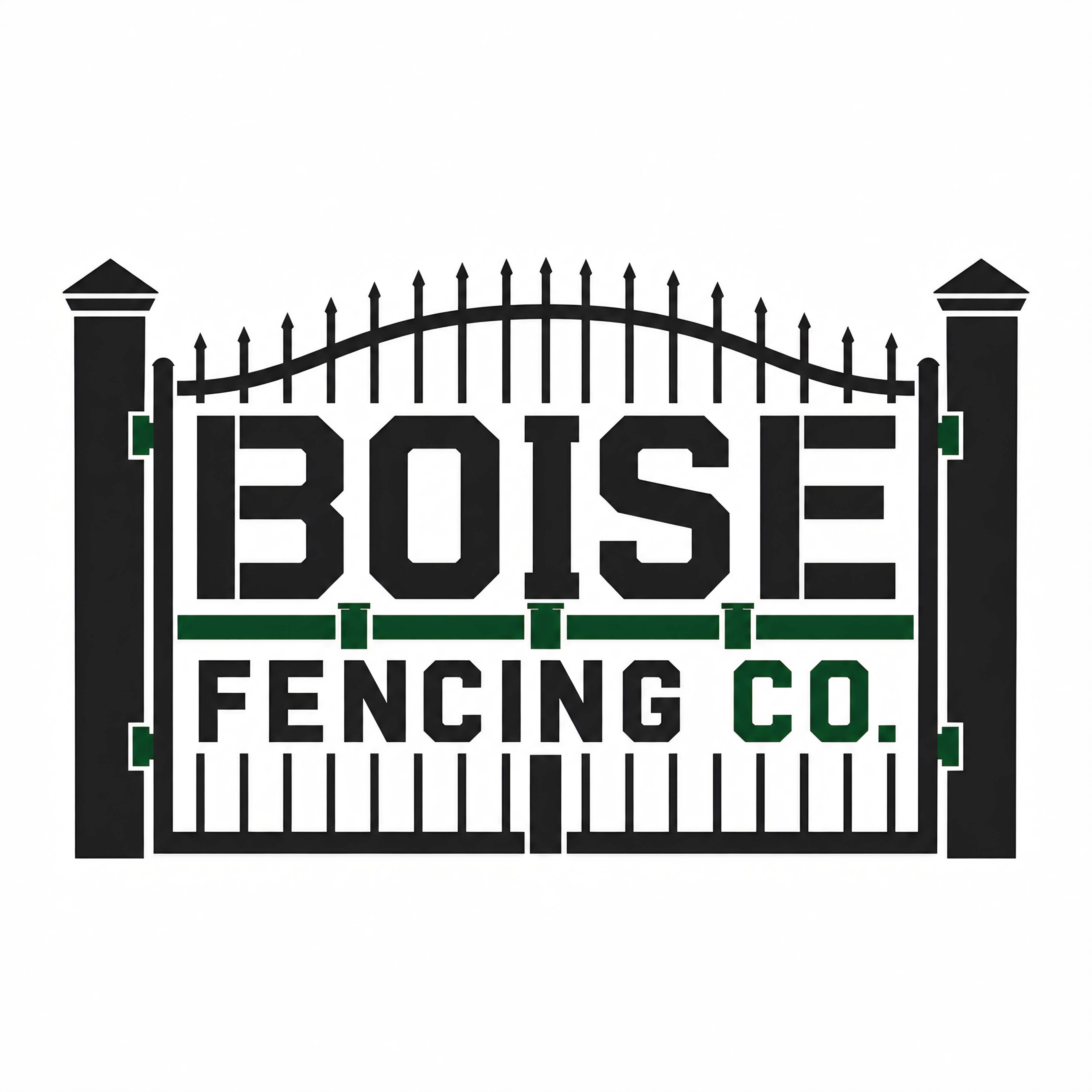 The image is a logo for Boise Fencing Co. The logo features a black fence with a gate in the center, with the company name...