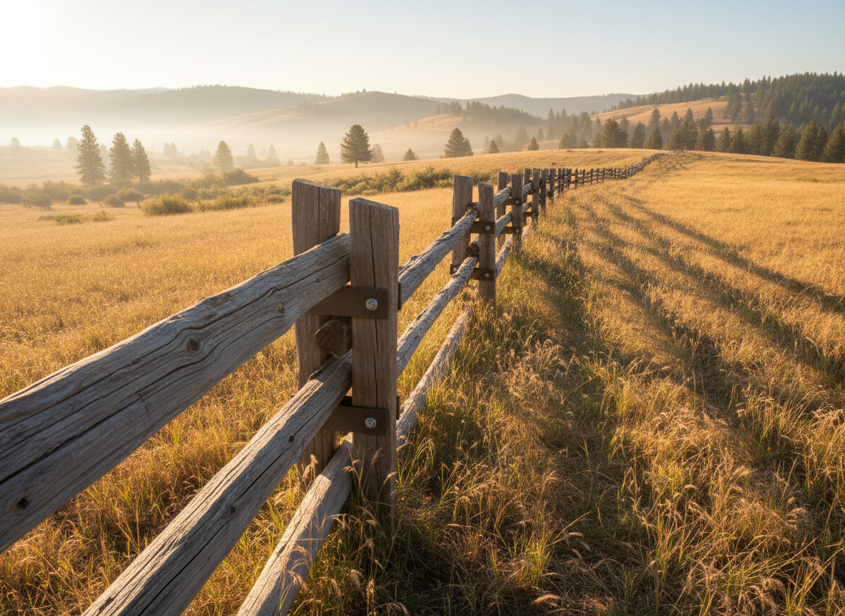 A rugged split-rail wood fence constructed from thick, weathered timbers, each rail slightly irregular yet solid, stretching across a gently sloping field of golden grass with the Idaho foothills rising in the background. The posts are firmly planted, showing bolts and hardware that appear heavy-duty and reliable. Soft early-morning light casts long, dramatic shadows that follow the line of the fence, highlighting its texture and emphasizing its alignment. Photographic realism, captured from a low angle near the first post, creating strong leading lines into the landscape. The atmosphere is rustic yet dependable, evoking Idaho’s outdoors while still feeling professionally built and engineered to last.