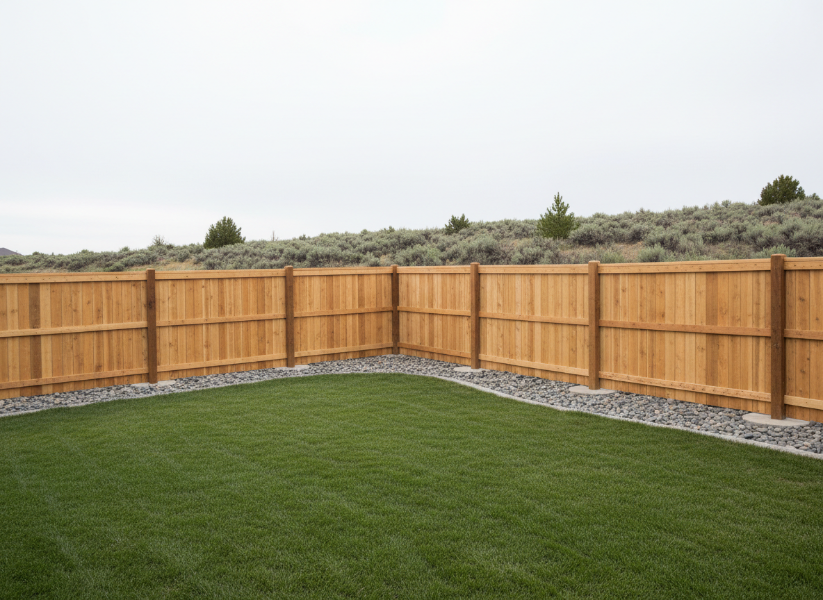 A residential backyard corner featuring a stepped fence installation following a gentle slope, each section of vertical cedar panels carefully adjusted to maintain level top lines while accommodating the grade. The posts are evenly spaced and secured with visible concrete collars at their base, surrounded by clean landscaping rock and a neatly edged lawn. Soft, overcast light evenly illuminates the entire scene, highlighting the straight lines and consistency of the build without harsh contrast. Photographic realism, captured from a slightly elevated, wide-angle viewpoint to show the entire corner and slope transition. The mood is calm, precise, and reassuring, emphasizing professional problem-solving and code-conscious installation in real Idaho terrain.