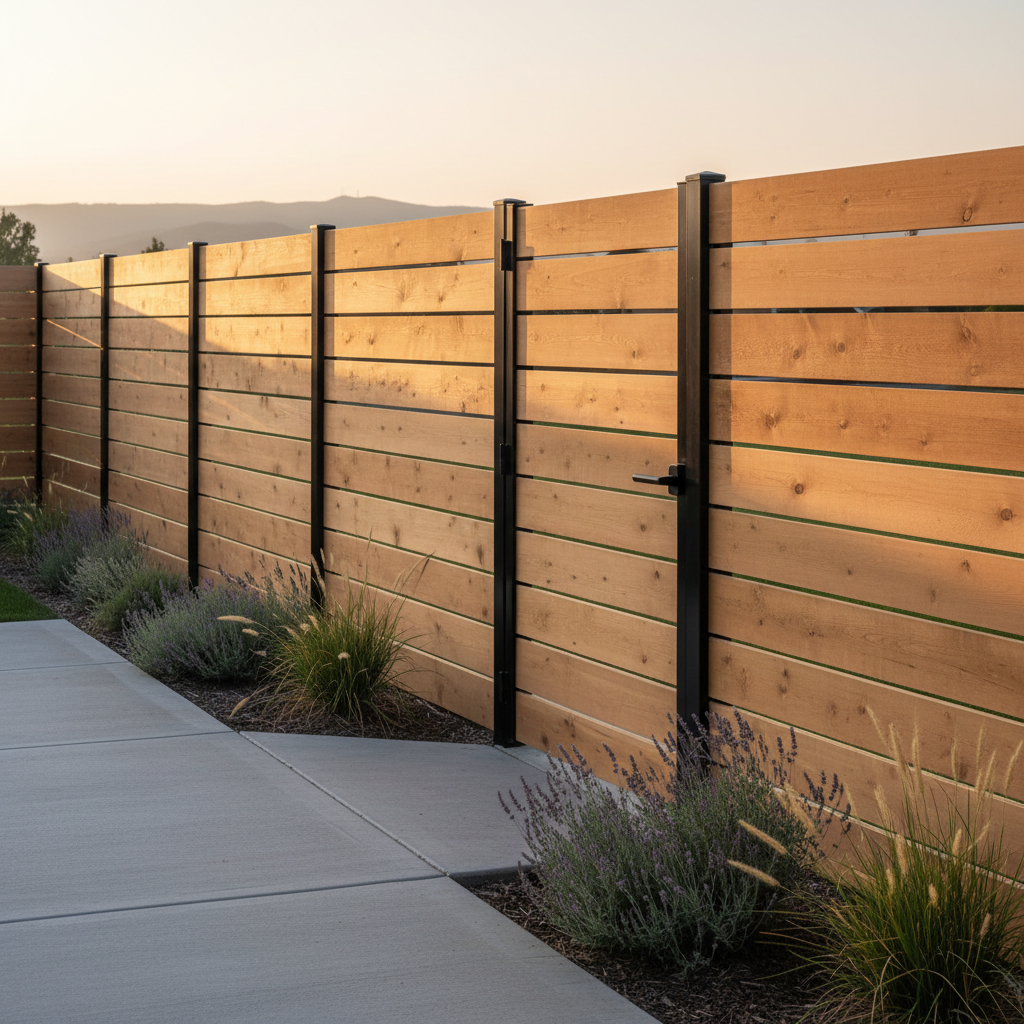 A premium horizontal cedar fence running along a modern Idaho home’s backyard, each wide board precisely spaced with narrow, even gaps, the wood finished in a natural, matte sealant that highlights knots and grain. The fence is paired with a sleek black powder-coated steel frame and gate hardware, set beside a simple poured-concrete patio and native drought-tolerant plants. Gentle evening light washes across the boards, creating soft horizontal shadows and warm highlights. Photographic realism, shot at a slightly elevated angle using the rule of thirds, with the fence leading the eye toward a distant soft-focus outline of Boise foothills. The mood is refined, contemporary, and strong, emphasizing craftsmanship and style.
